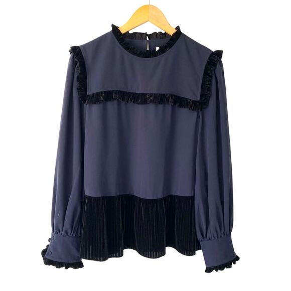 Crosby by Mollie Burch Navy Blue Black Velvet Ruffle Trim Blouse size medium - Picture 1 of 9
